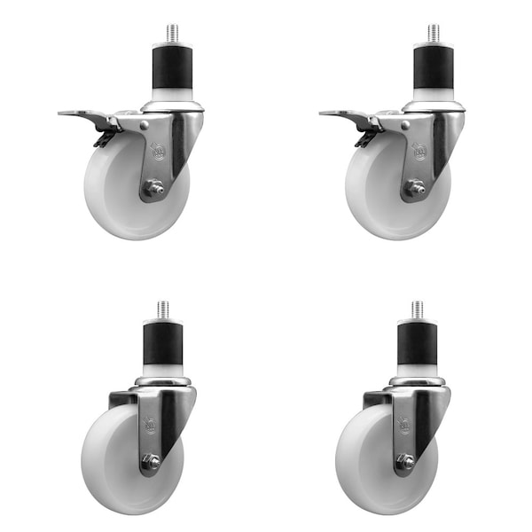 4'' Nylon Swivel 1-7/8'' Expanding Stem Caster Set 2 Total Lock Brakes, 4PK